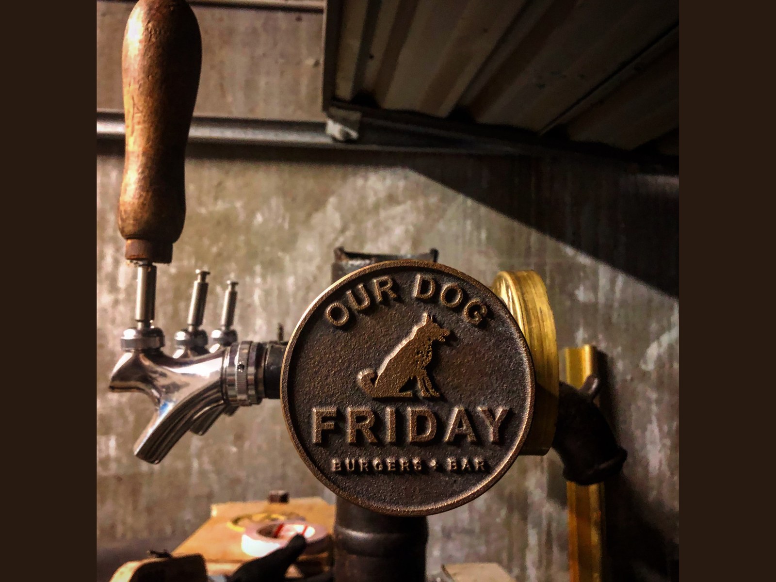 Our Dog Friday – cast brass tap badge and timber handle