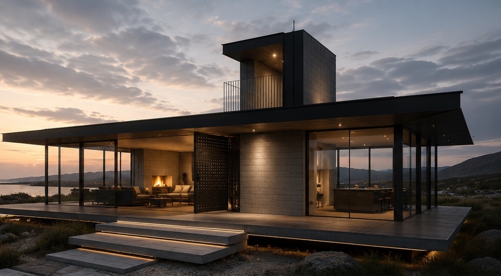 Lakeside modular dwelling with a glazed living pavilion and an elevated tower at sunset