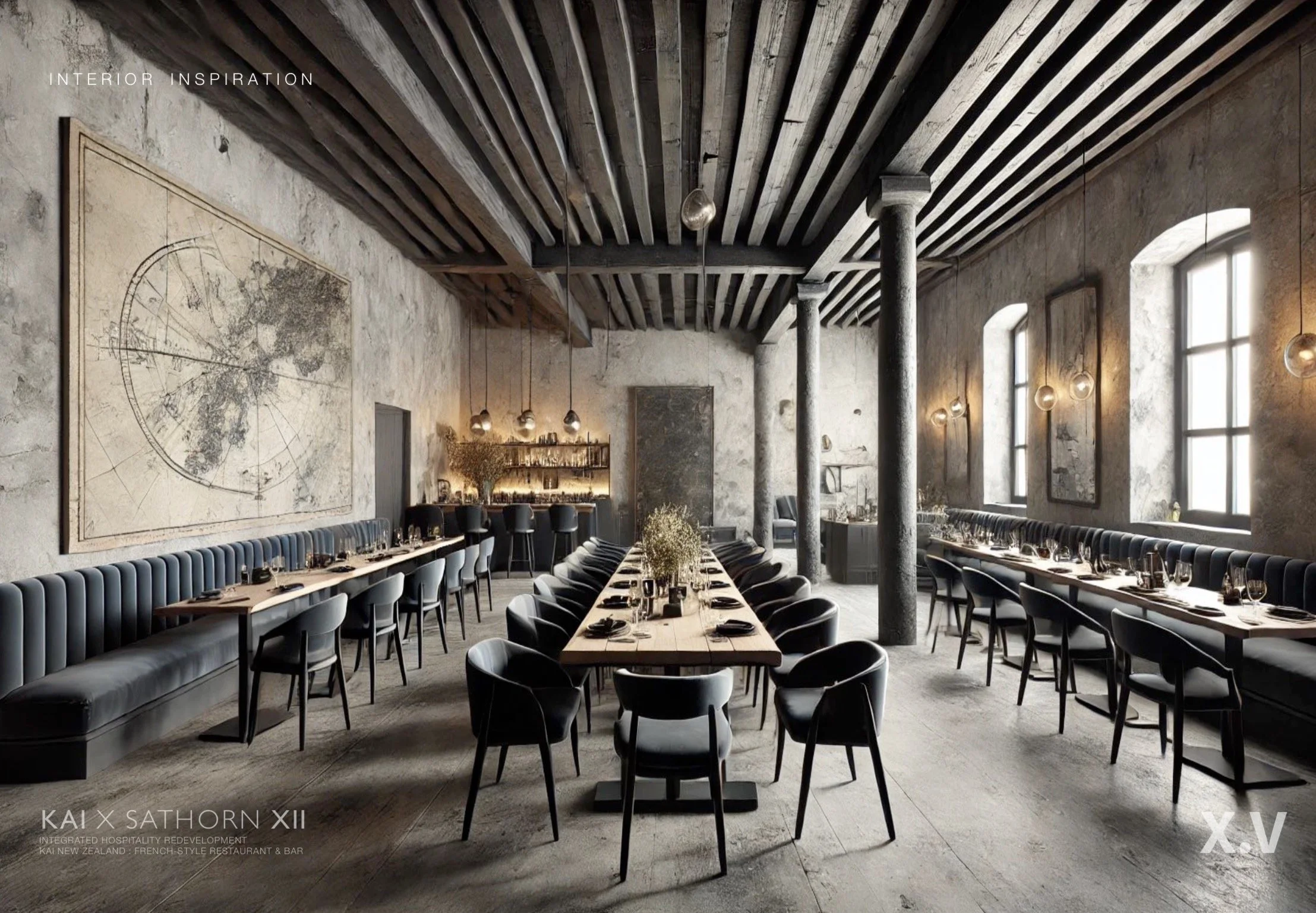 Restaurant with long dining tables, concrete walls and timber beams