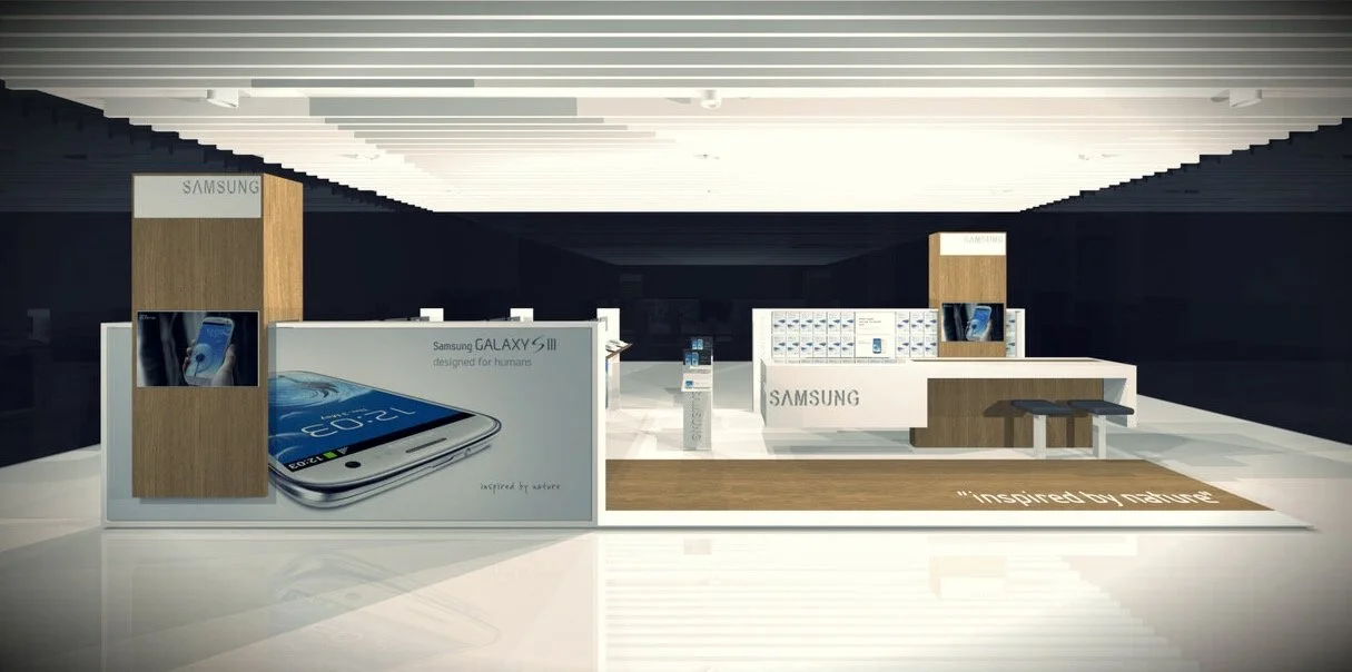 Samsung retail display with product signage and screens
