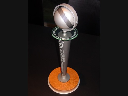 ICC Cricket World Cup trophy – machined aluminium and timber base