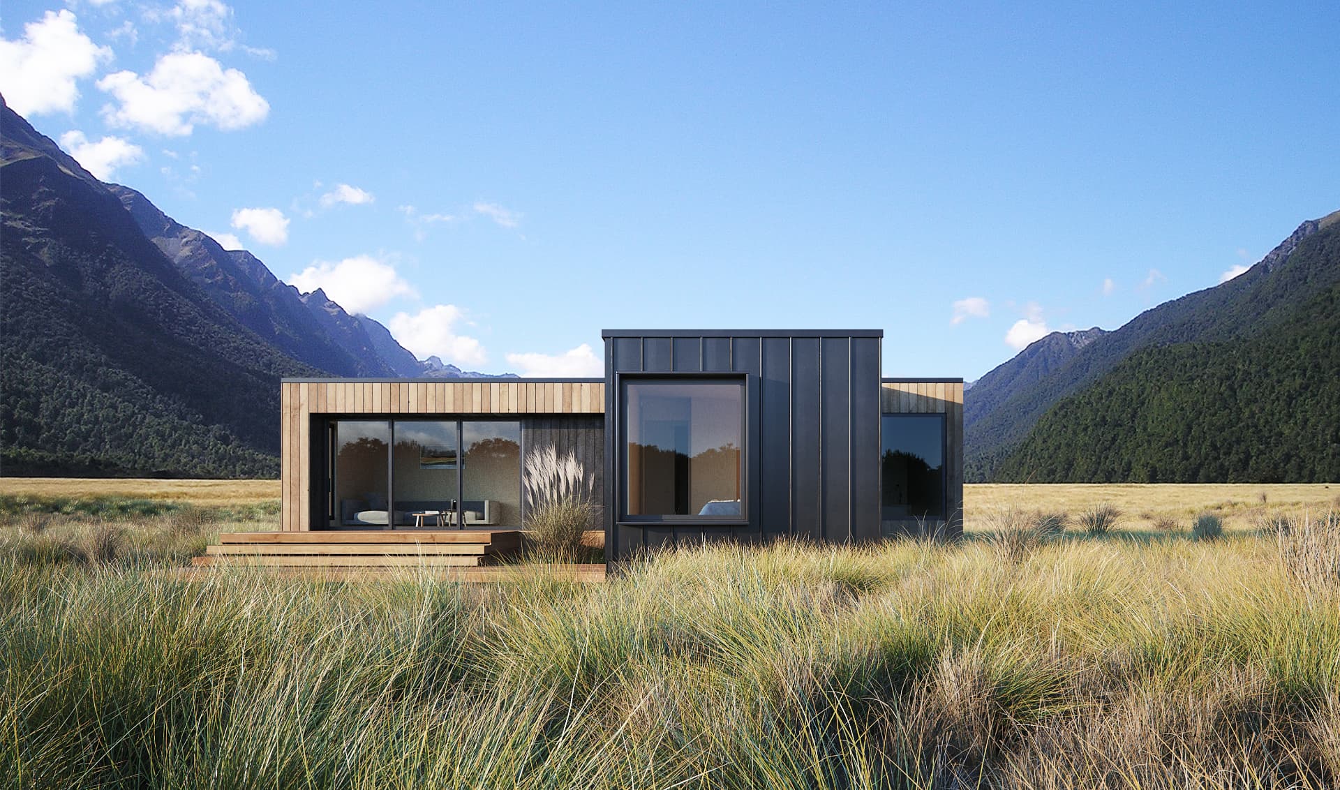 Modular dwelling with timber-lined glazing and dark cladding in a mountain valley