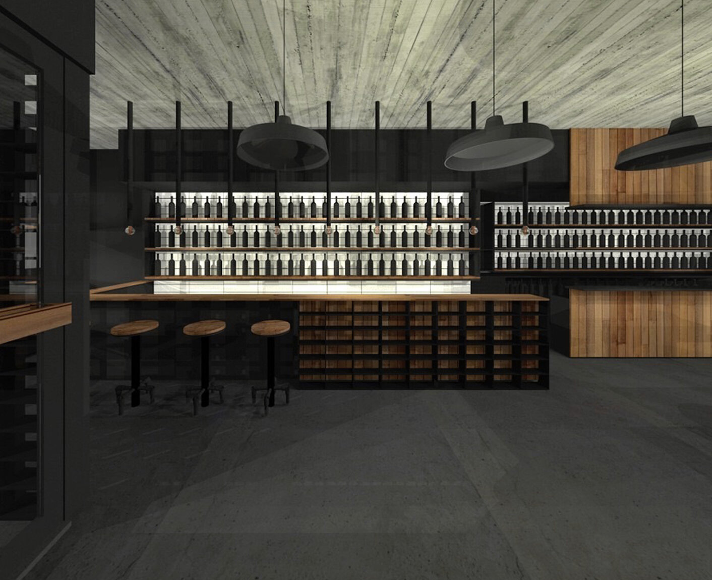Minimal bar counter with backlit shelving