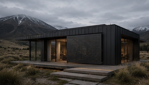 Dark-clad modular dwelling with a perforated sliding screen and broad entrance steps in an alpine landscape