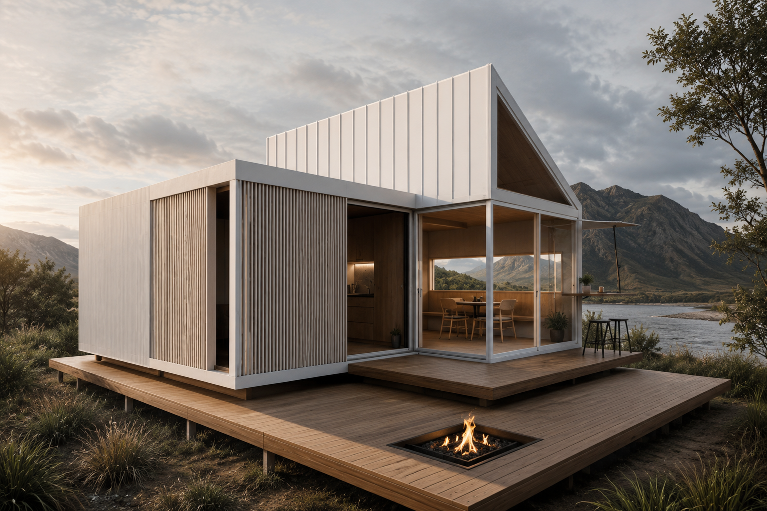 Contemporary pavilion with timber deck and mountain outlook