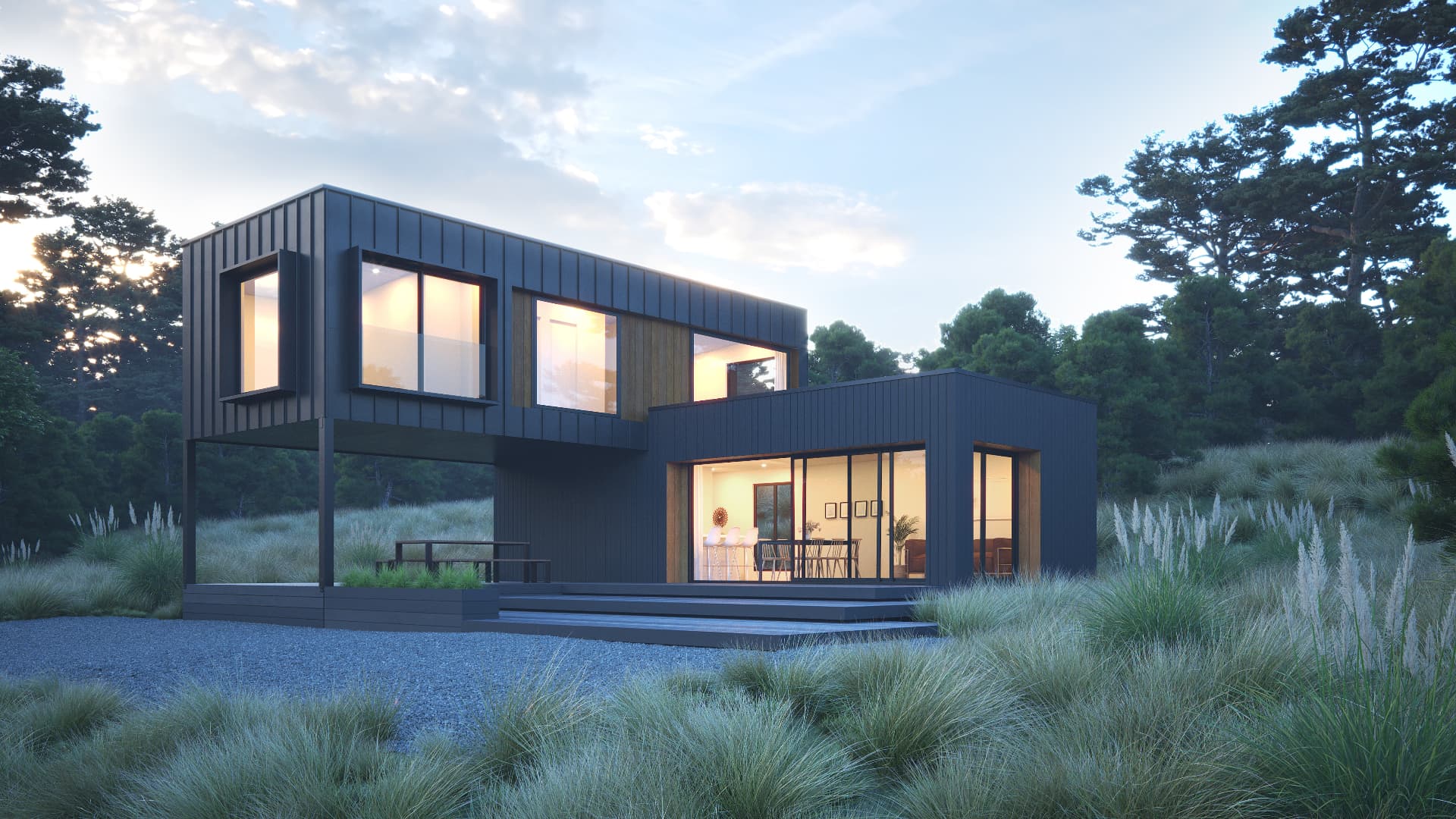 Two-storey modular dwelling with elevated glazed rooms and a sheltered ground-floor terrace